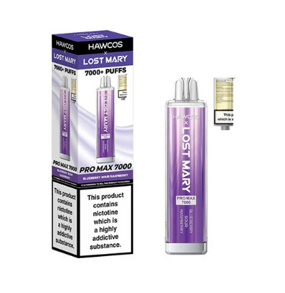 HAWCOS x Lost Mary Pro Max 7000 Disposable Kit UK, With Purple Colour and having Blueberry Sour Raspberry Flavours.