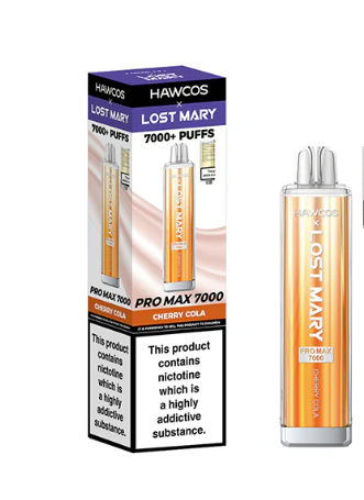 HAWCOS x Lost Mary Pro Max 7000 Disposable Kit UK, With Orange Colour and having Cherry Cola Flavours.