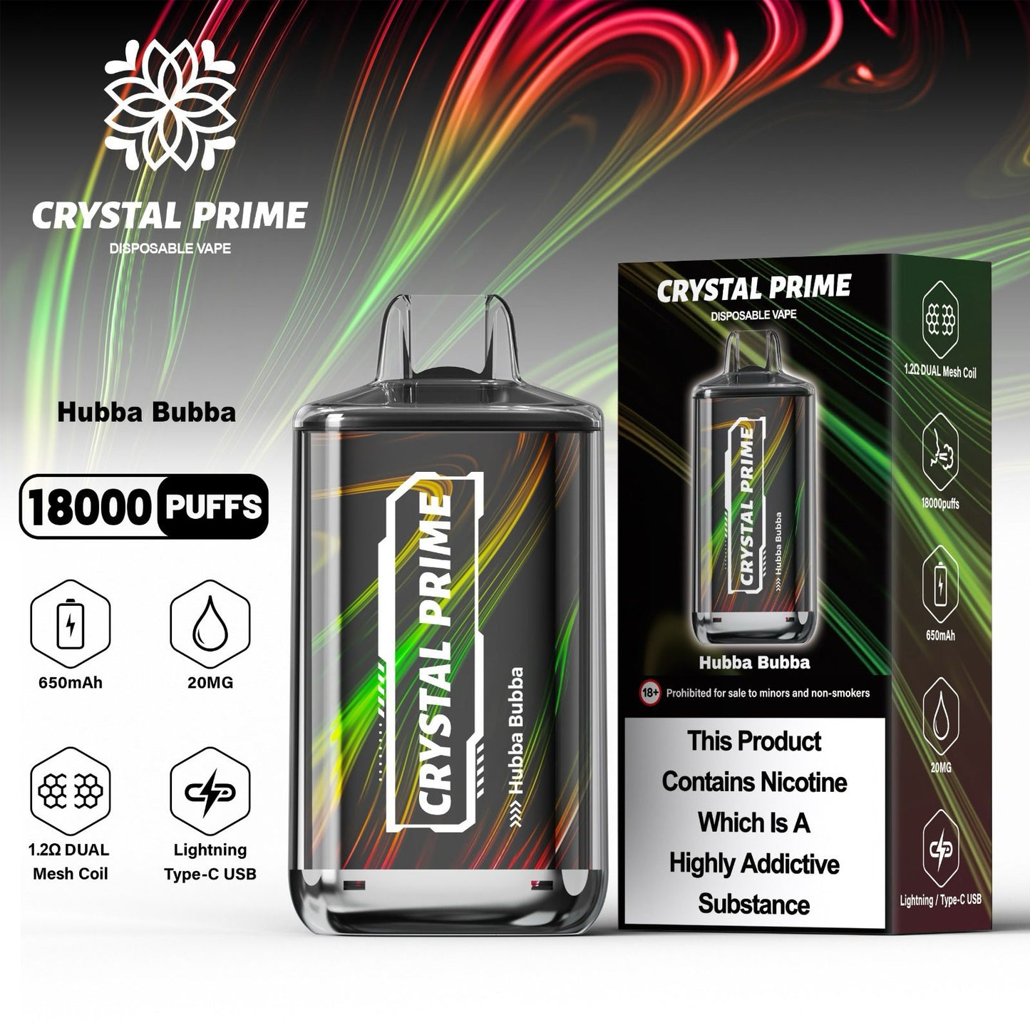 Crystal Prime Deluxe 18000 Puffs Disposable. Black colour with Hubba bubba flavor