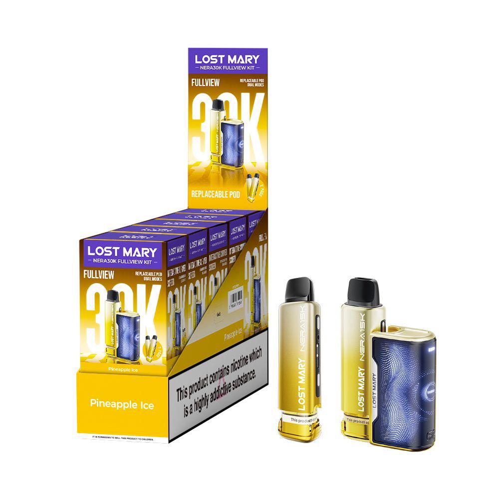 Lost Mary Nera 30k Fullview refilled pod kit UK , with Yellow Colour and Pineapple Ice Flavours.