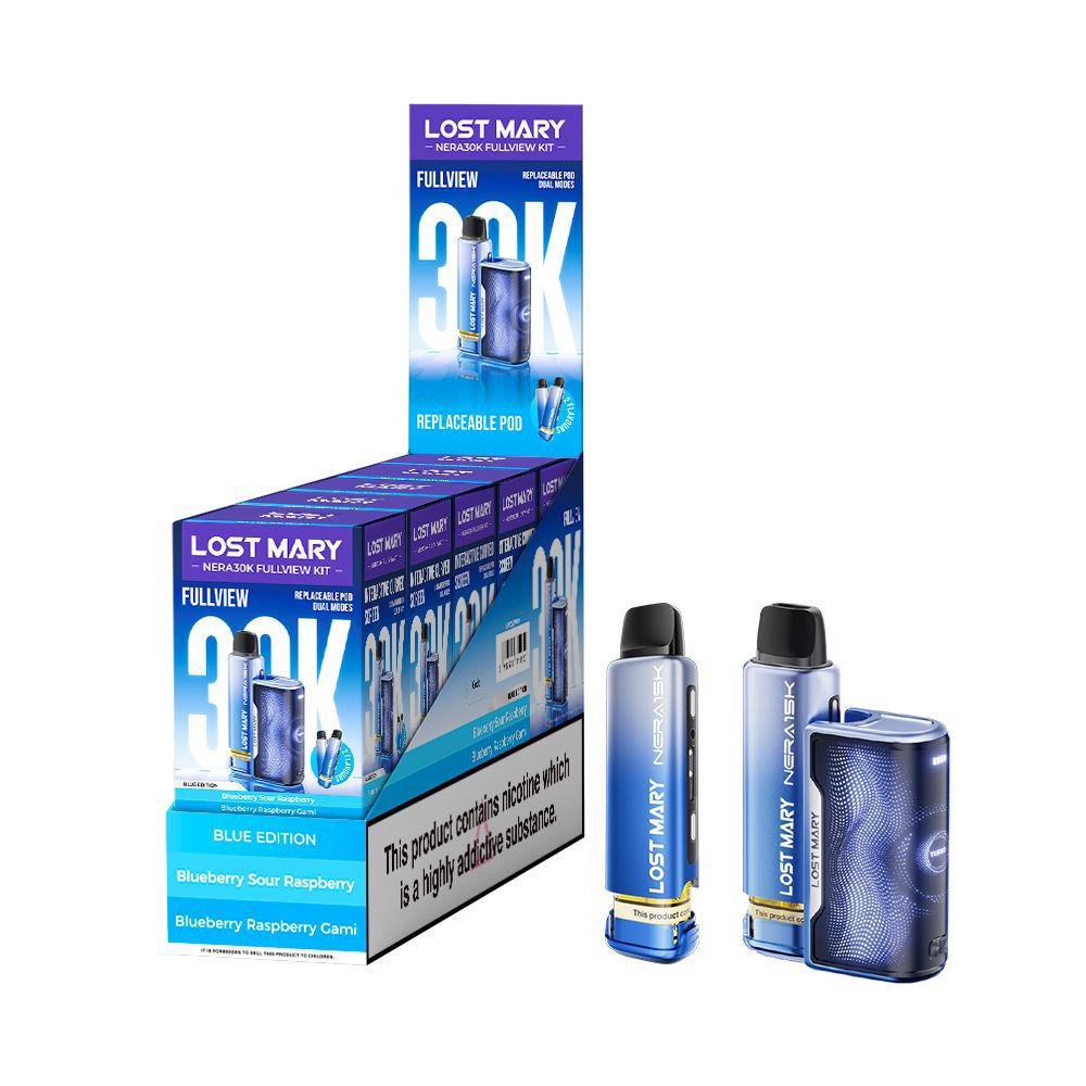 Lost Mary Nera 30k Fullview refilled pod kit UK , with Blue Colour and Blue Edition Flavours.