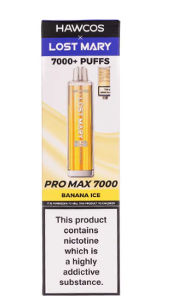 HAWCOS x Lost Mary Pro Max 7000 Disposable Kit UK, With Yellow Colour and having Banana Ice Flavours.