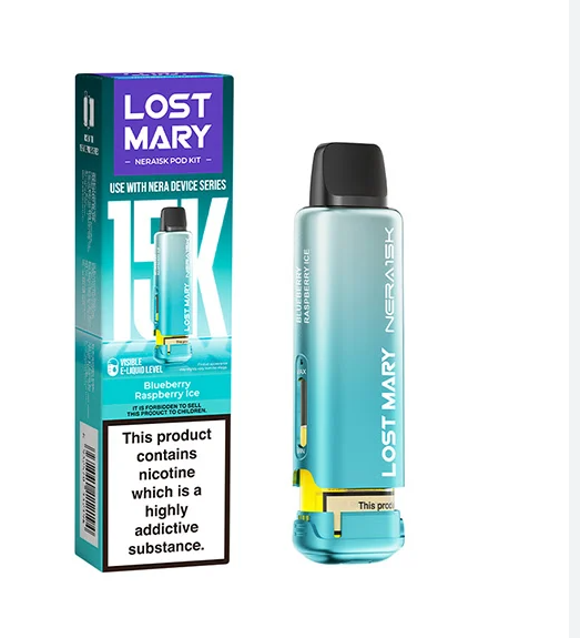 Lost Mary Nera 30k Fullview refilled pod kit UK , with light Green  Colour and Blueberry Raspberry Ice Flavours.