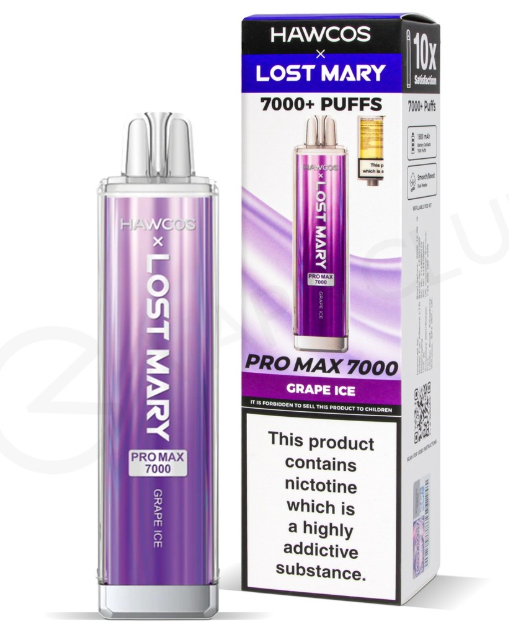 HAWCOS x Lost Mary Pro Max 7000 Disposable Kit UK, With Light Purple Colour and having Grape Ice Flavours.