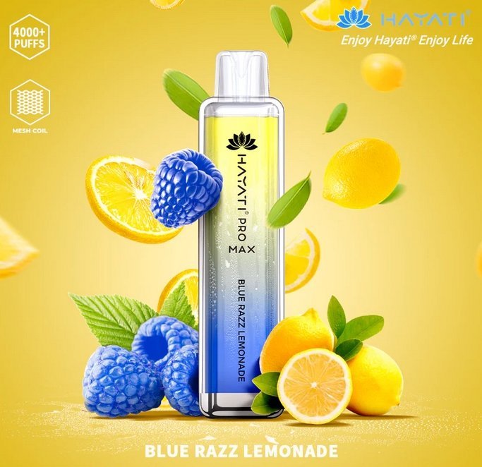 Bottle of  Hayati Pro Max 4000 Disposable Vape (Yellow+ blue) of Blue Razz lemonade flavour