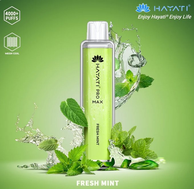 Bottle of  Hayati Pro Max 4000 Disposable Vape (green) of Fresh mint flavour