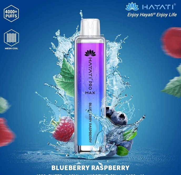 Bottle of  Hayati Pro Max 4000 Disposable Vape (Purple + Blue) of Blue berry raspberry flavour