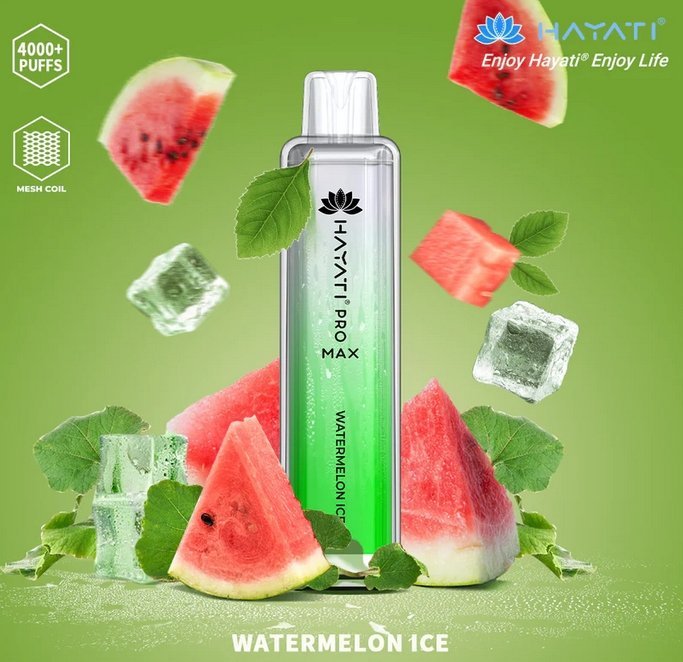 Bottle of  Hayati Pro Max 4000 Disposable Vape (white+ green) of Water melon ice flavour