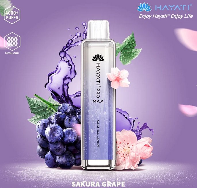 Bottle of  Hayati Pro Max 4000 Disposable Vape (silver+ blue) of Sakura Grape flavour