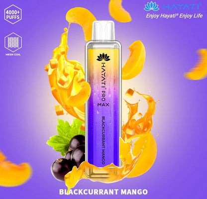 Bottle of  Hayati Pro Max 4000 Disposable Vape (Yellow+ Purple) of Blackcurrant Mango flavour