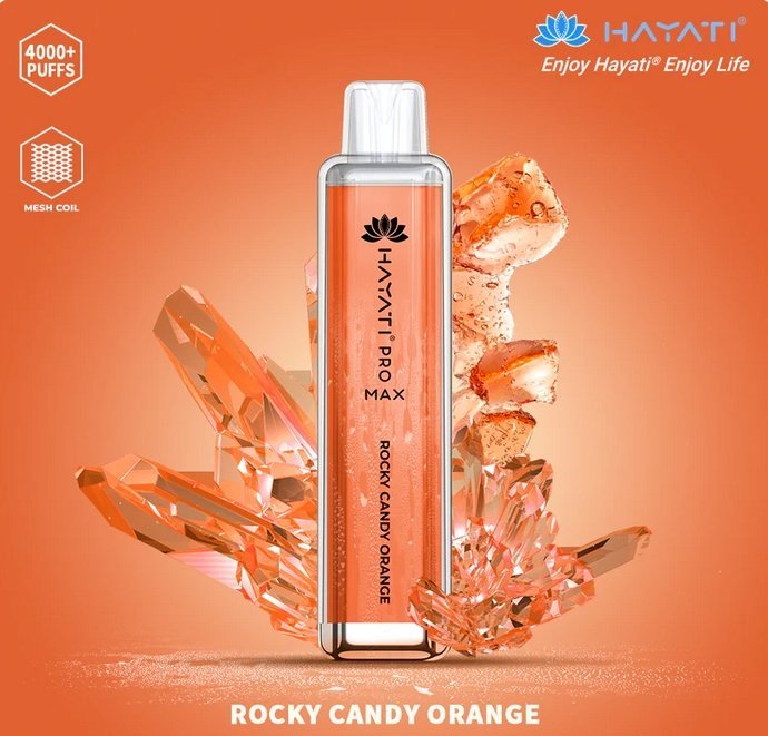 Bottle of  Hayati Pro Max 4000 Disposable Vape (Orange) of Rockey Candy orange flavour