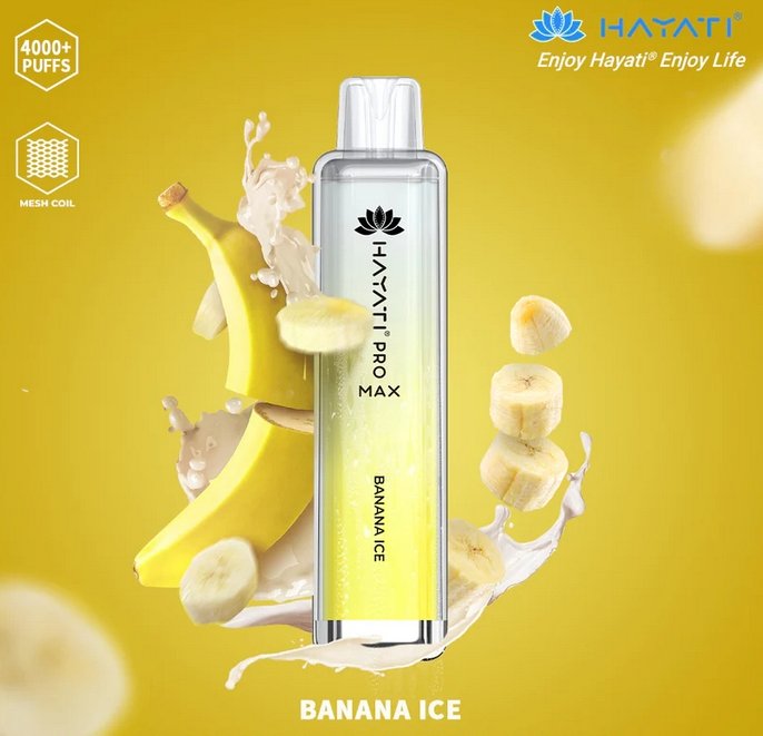 Bottle of  Hayati Pro Max 4000 Disposable Vape (Yellow+ Silver) of Banana ice flavour