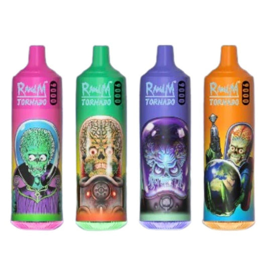 Four Bottles of  RandM Tornado 9000 puffs of Different colours (Pink,Green,purple,orange) adorned with a cheerful cartoon character, designed to attract attention and delight consumers.