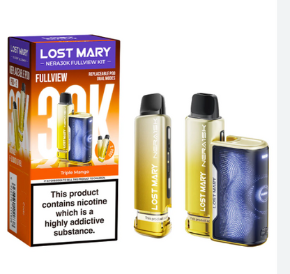 Lost Mary Nera 30k Fullview refilled pod kit UK , with Yellow Colour and Triple Mango Flavours.