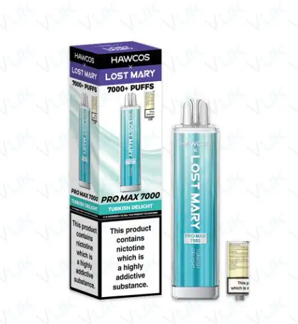 HAWCOS x Lost Mary Pro Max 7000 Disposable Kit UK, With Blue Colour and having Turkish Delight Flavours.