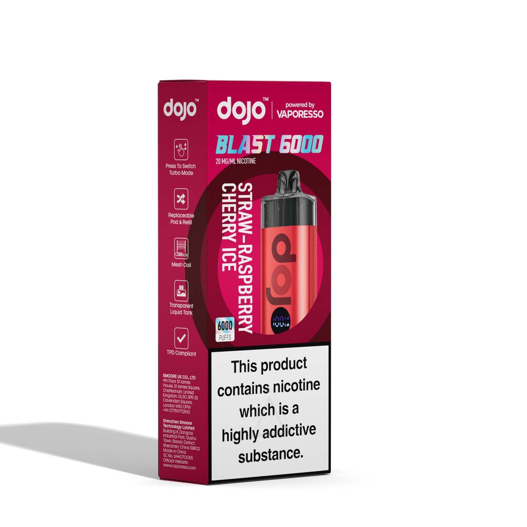 Vaporesso Dojo Blast 6000 puffs disposable vape UK , with Straw Raspberry Cherry Ice Flavour.